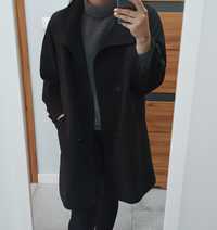 Wełniany płaszcz L-Xl z domieszką kaszmiru czarny dwurzędowy klasyczny