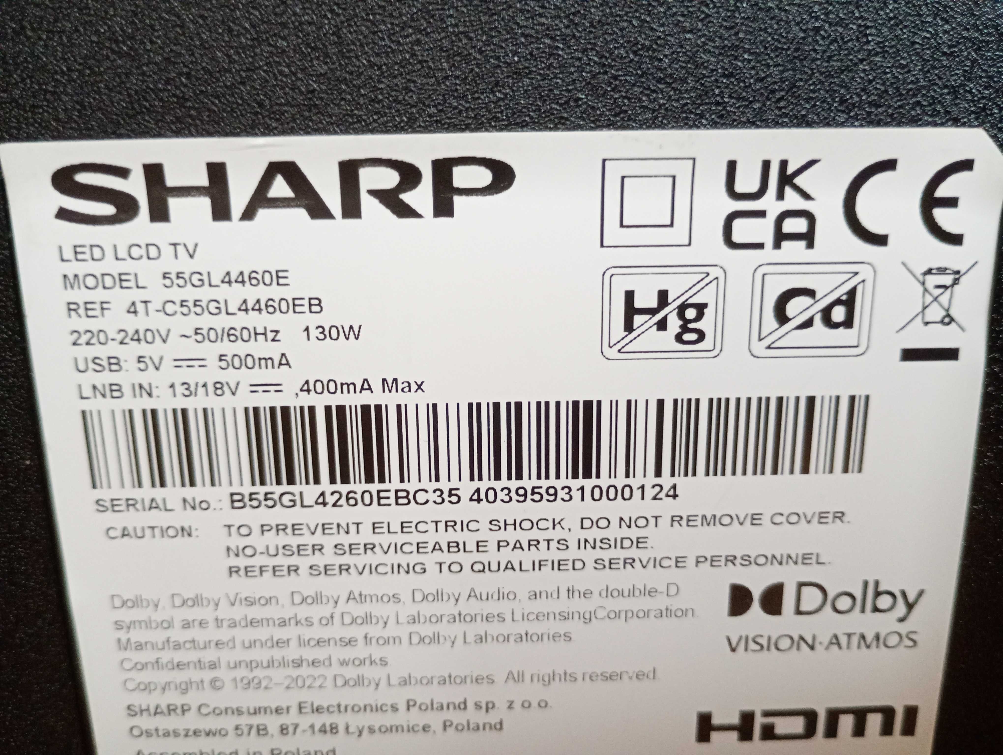 Tv SHARP 55GL4460E uszkodzona matryca