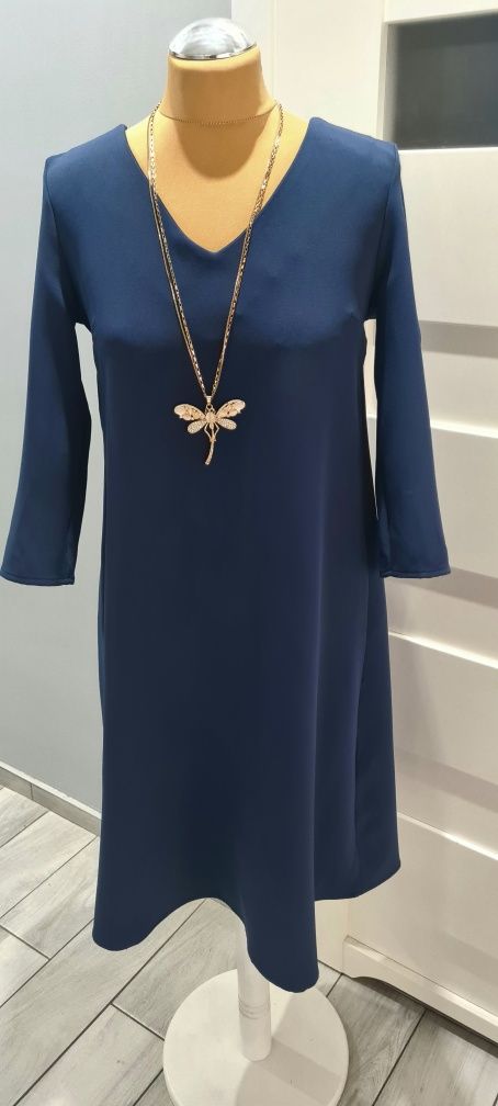 Granatowa Sukienka, klasyczna, elegancka, litera A, Trapezowa, moodo