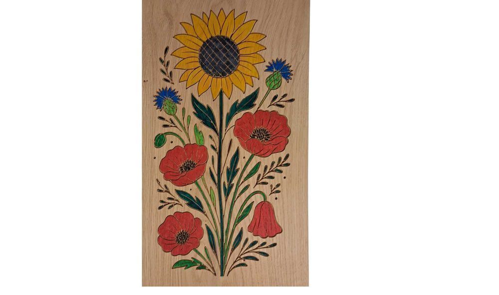 Piękna ozdoba z drewna – słonecznik, maki, chabry UNIKALNY i ORGINALNY