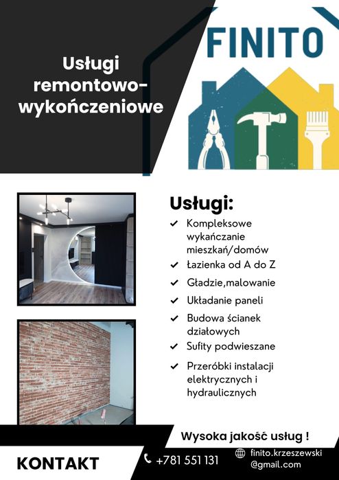 Remonty, wykończenia mieszkań, domów, lokali itp