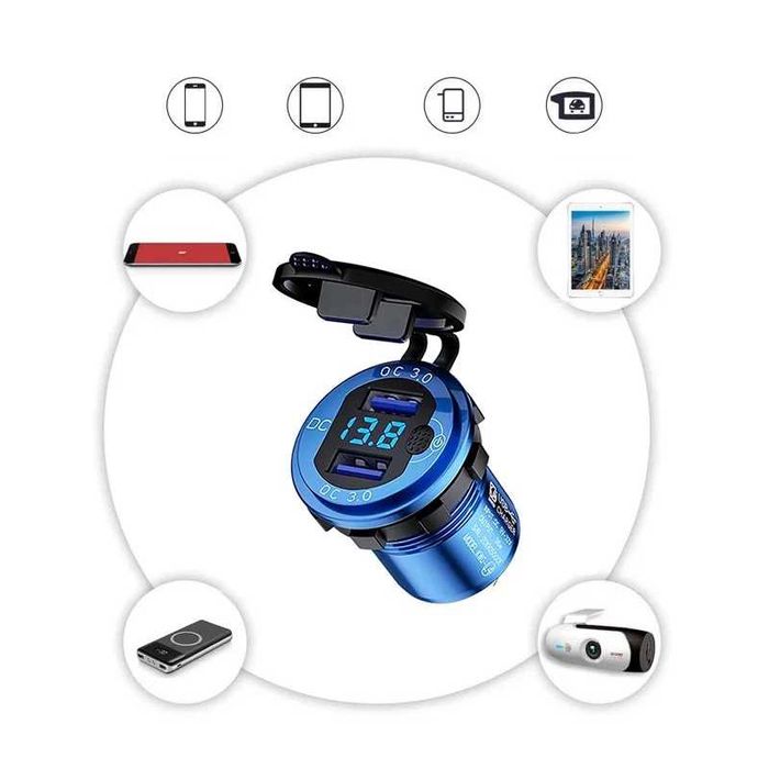 Entrada carregamento rápido USB QC3.0 duplo rosca e tampa