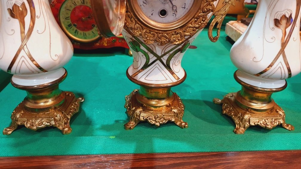 Zegar kominkowy porcelanowy brąz antyk XIX wiek prezent na