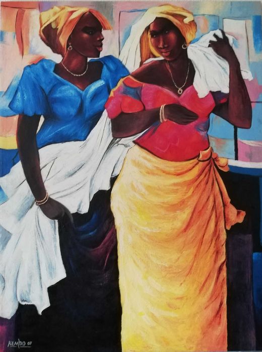 Arte Angola - Pintura Óleo sobre tela - "Lavadeiras" (Kembo, José)