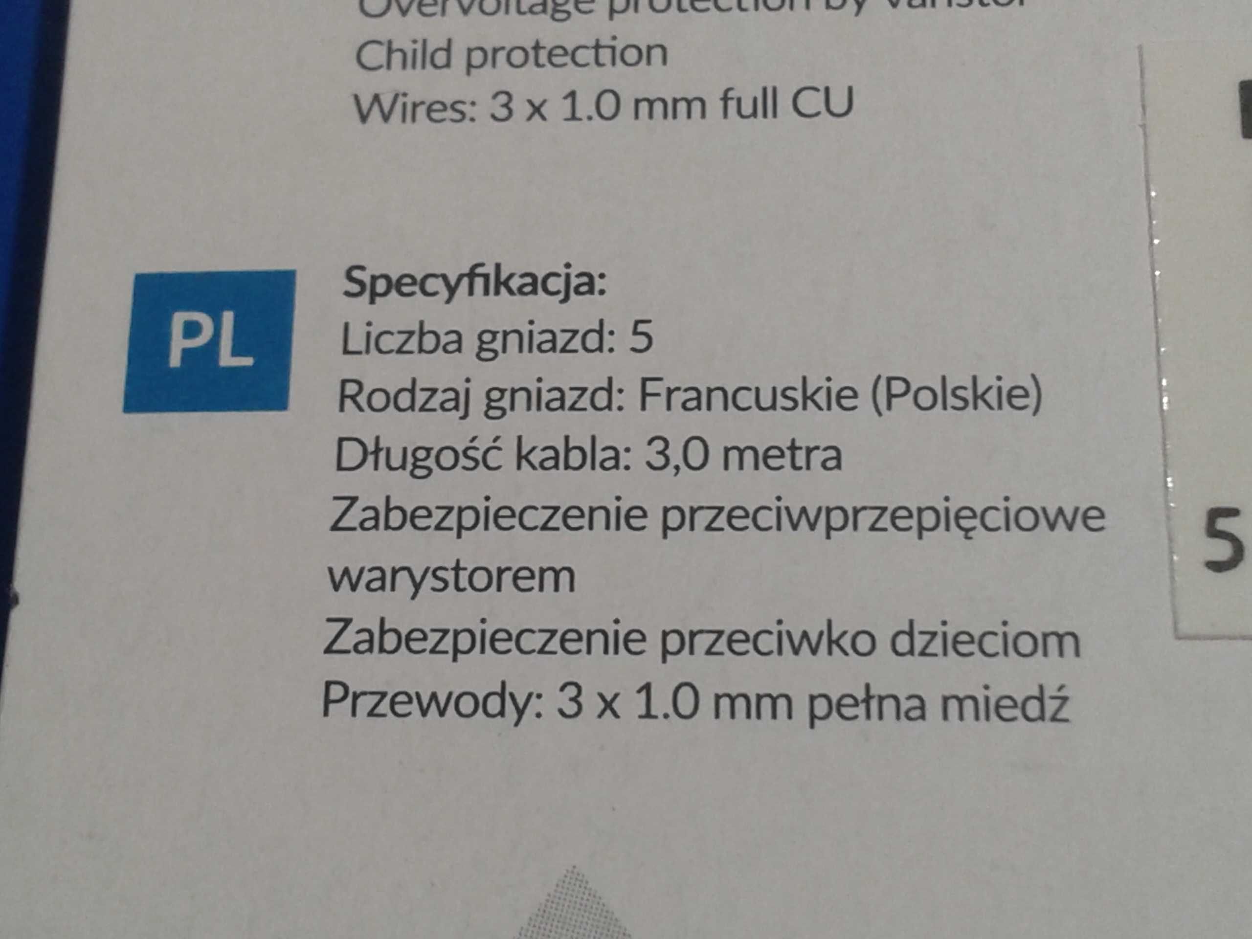 Listwa zasilająca 5 gniazd kabel 3m