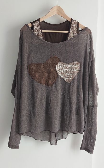 Set dwóch bluzek Unisono S taupe brąz serca