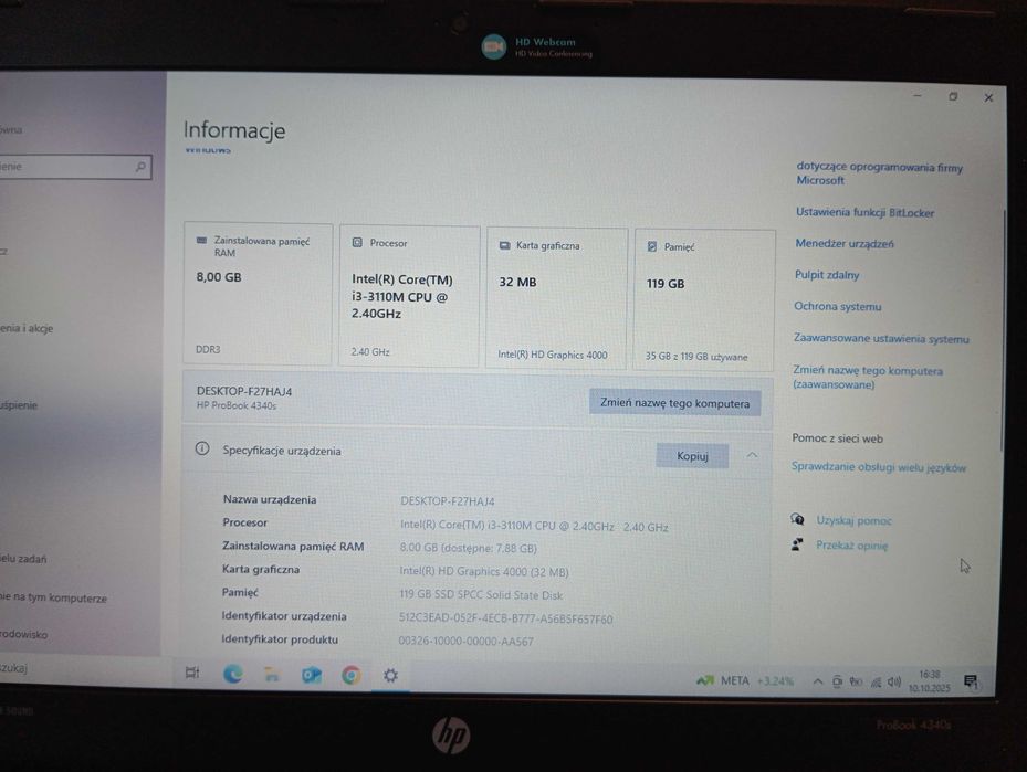 Laptop HP ProBook 4340s i3 8Gb ram nowy dysk ssd  stan bardzo dobry