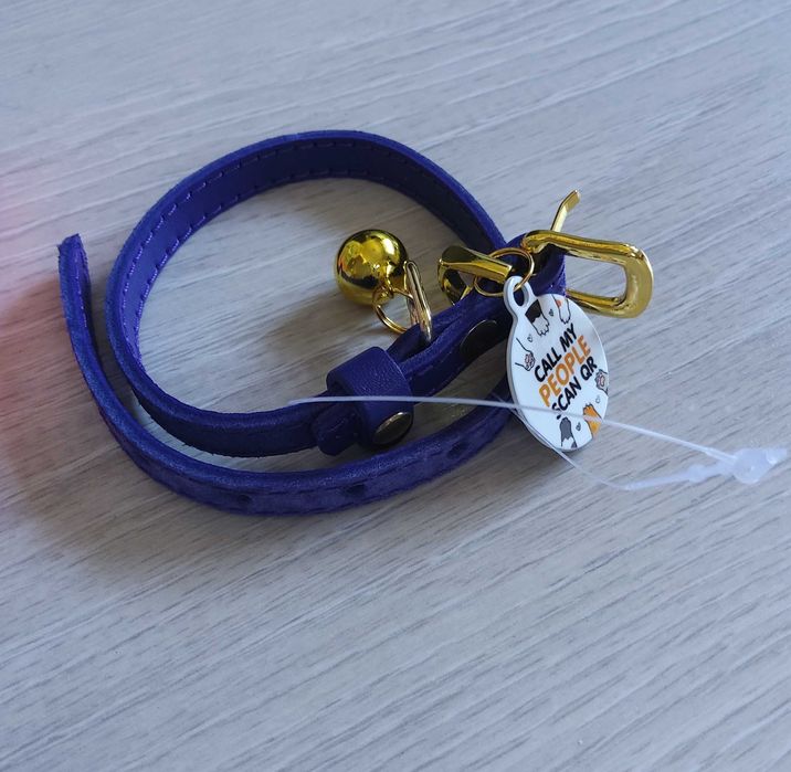 Bronzedog skórzana obroża dla kota psa z QR 23-28 cm niebieska