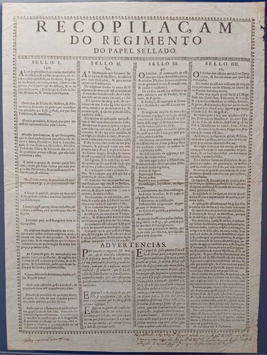 RARÍSSIMA Recopilação do Regimento do PAPEL SELADO em Portugal de 1661