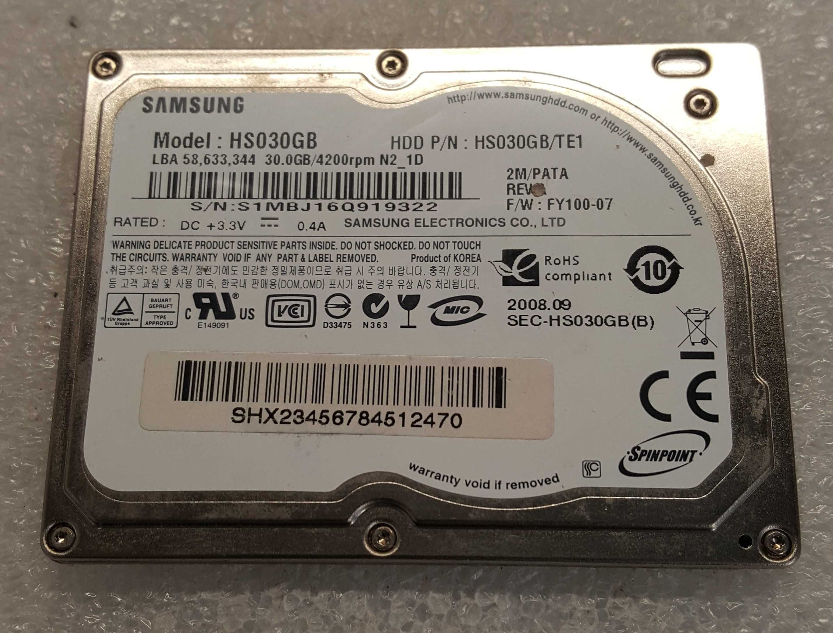 Disco para Magalhães I  - SAMSUNG SPINPOINT N2B HS030GB 30GB 1.8″  ZIF