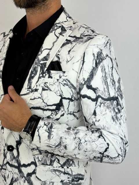 GIOVANNI PERA Marynarka męska D625 biała, czarny marmur, elegancka