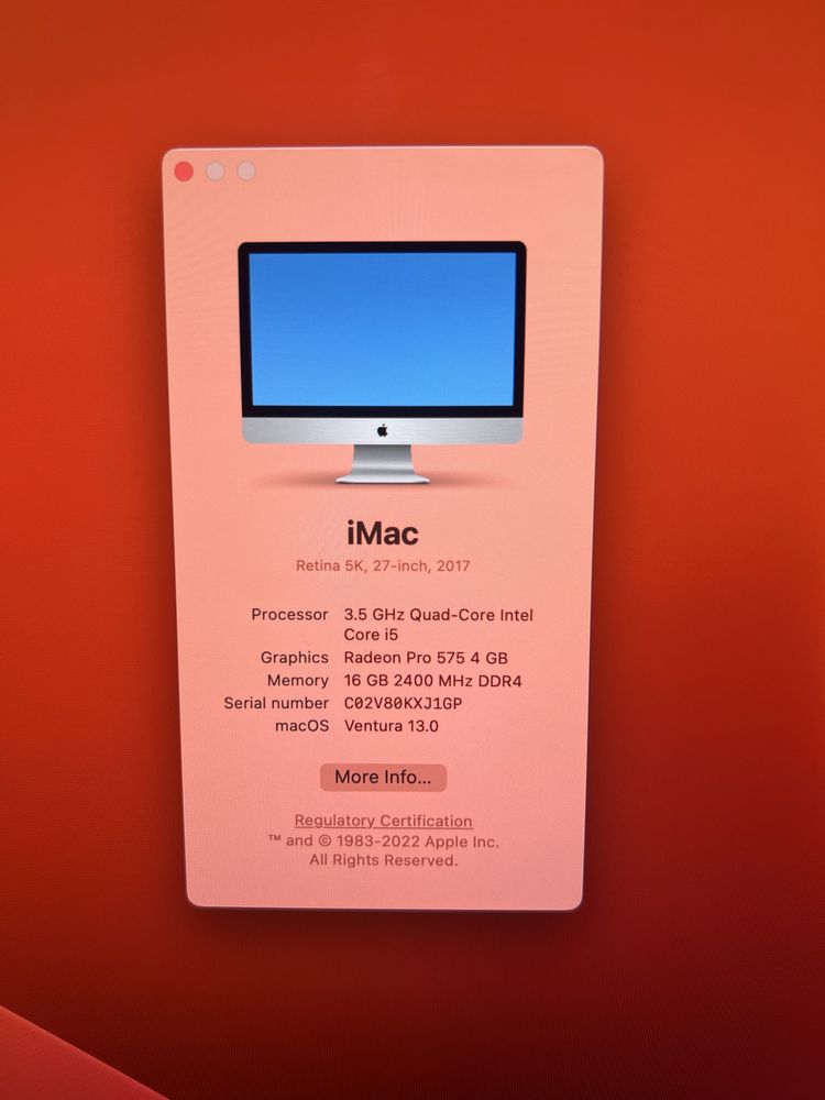 Imac 27 2017 i5 16gb 3.5GHz 256ssd
