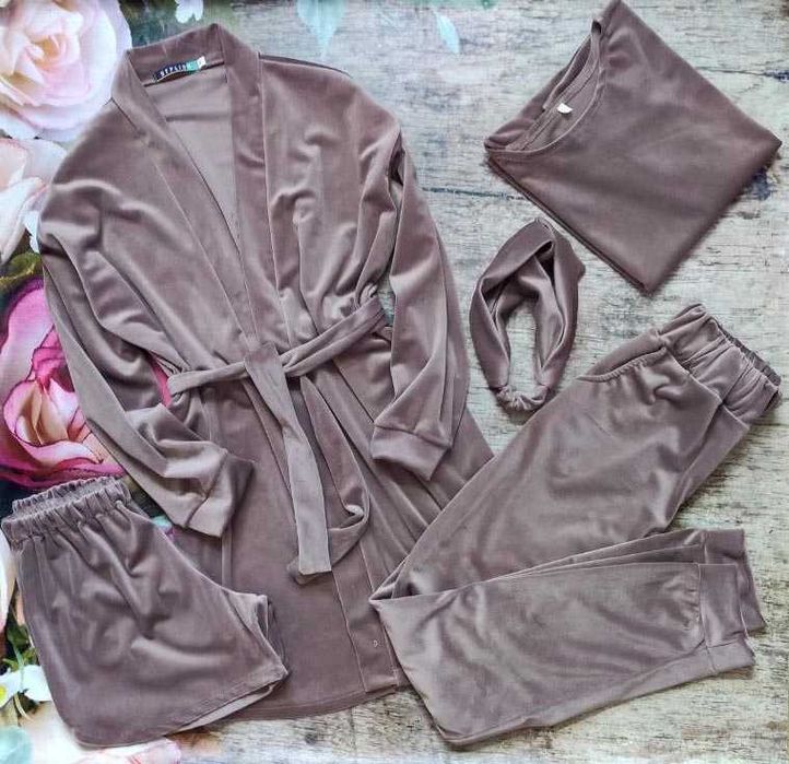 Женский велюровый домашний  комплект пижама 5в1