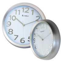 duży zegar scienny srebrny cichy mechanizm 31cm salonu kuchni okrągły