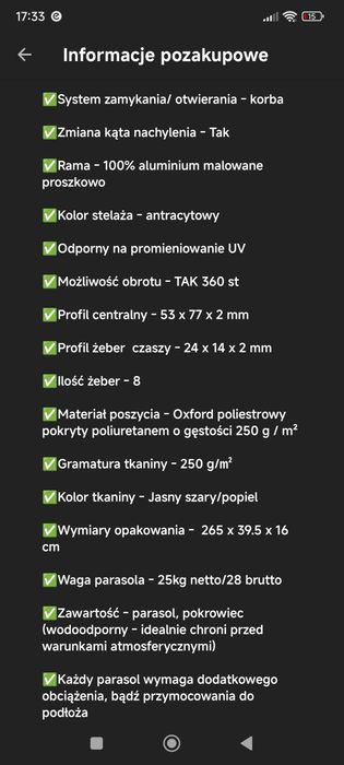 Parasol ogrodowy z LED szary