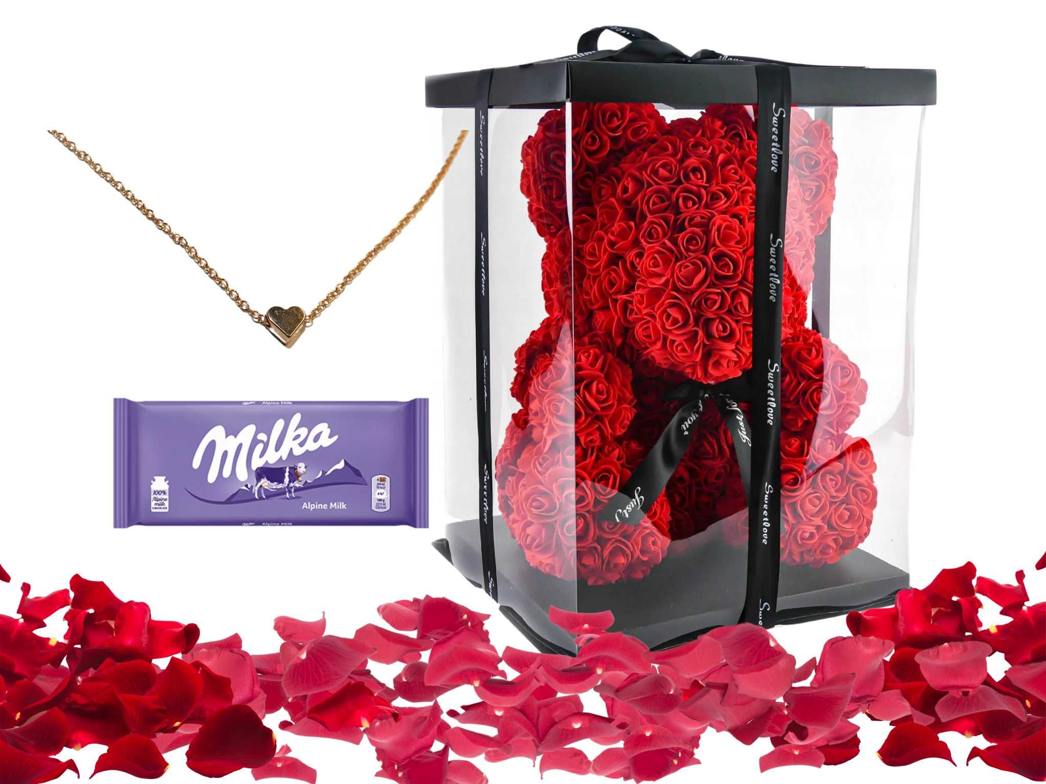 Miś z Róż Prezent Na Walentynki + czekolada + naszyjnik *Gratis*