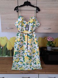 Nowa, ołówkowa sukienka Oasis 42/44 poliester/bawełna kwiaty, wesele