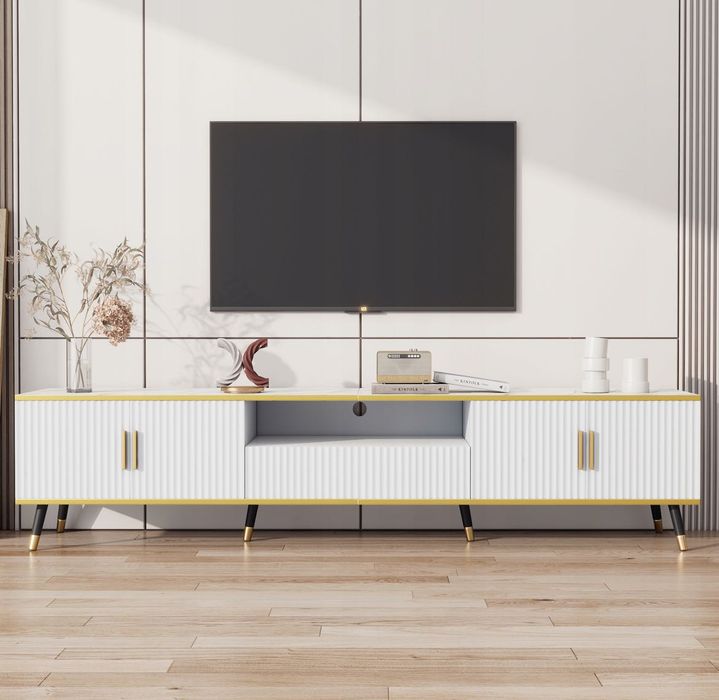Nowoczesna szafka RTV 200 X 40 X 46 CM Biała Ryflowana