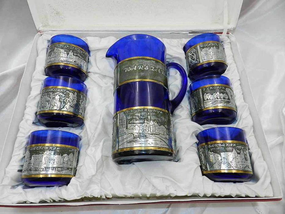 Kobaltowy okuwany zestaw do napojów WARSZAWA Huta Hortensja lata 70-80