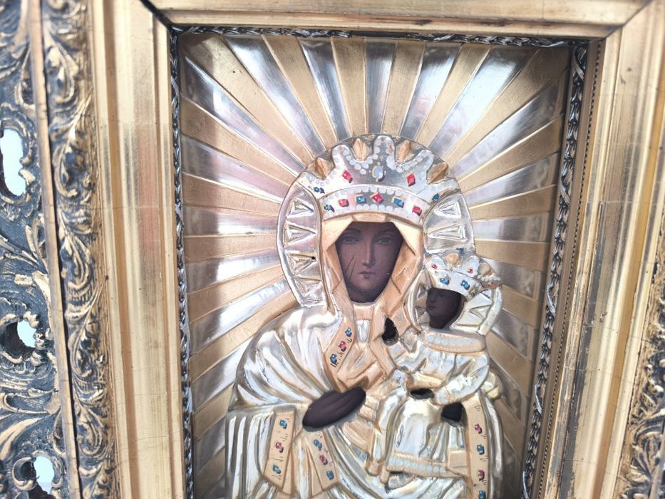 Piękna stara oryginalna XIX wieczna ikona Matki boskiej częstochowskie