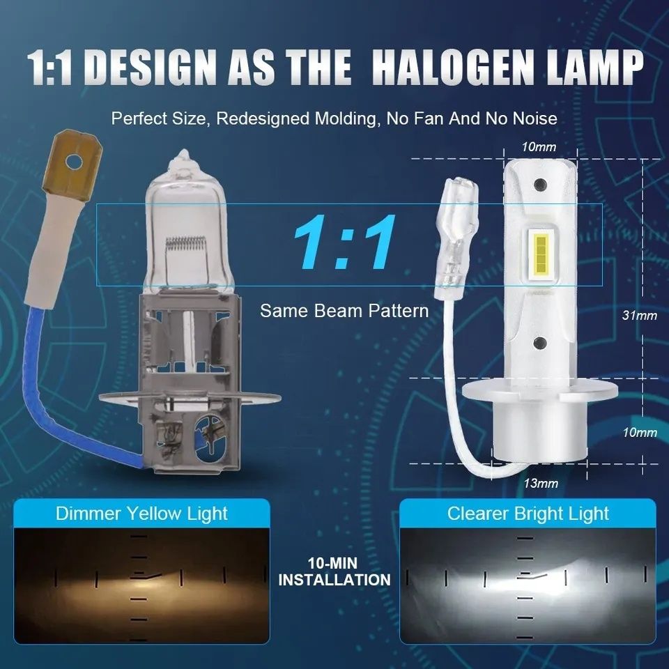 Лед лампи світлодіодні H1 H3 H4 H7 H8 H9 H10 H11 HB3 HB4 6000K