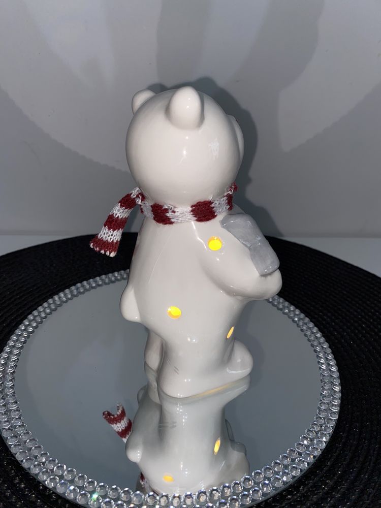 Figurka dekoracja świąteczna miś led biały ceramika