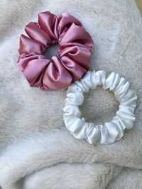 Satynowe gumki scrunchies do włosów pudrowy róż biały