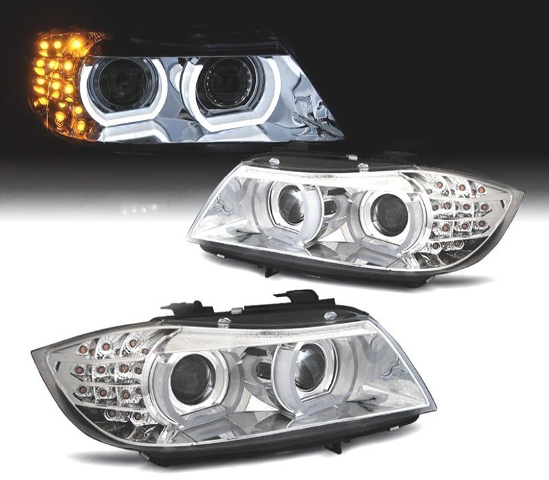 FARÓIS XENON ANGEL EYES + PISCA LED PARA BMW E90 E91 08-12 FUNDO CROMADO