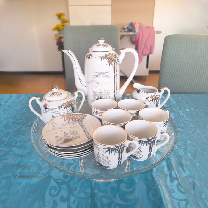 Conjunto de chá/café japonês vintage com litofania geisha porcelana