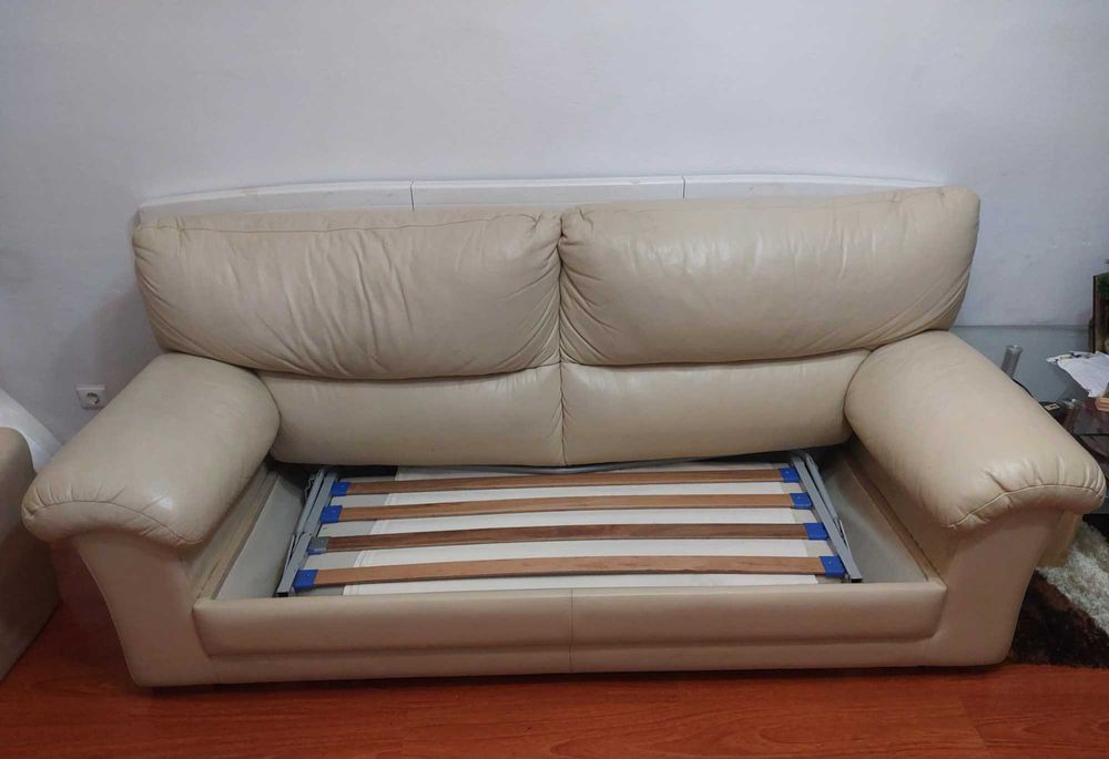 Conjunto de 2 Sofás em Pele Genuína Bege – 3 e 2 Lugares