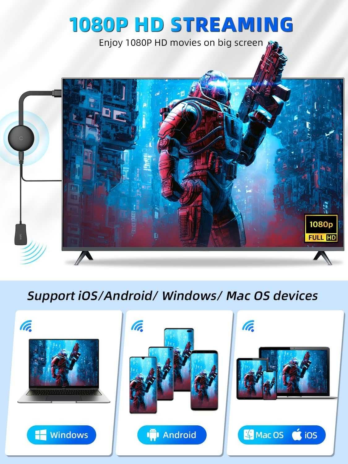 Bezprzewodowy adapter HDMI, 2,4/5 GHz 1080P WiFi Display Dongle