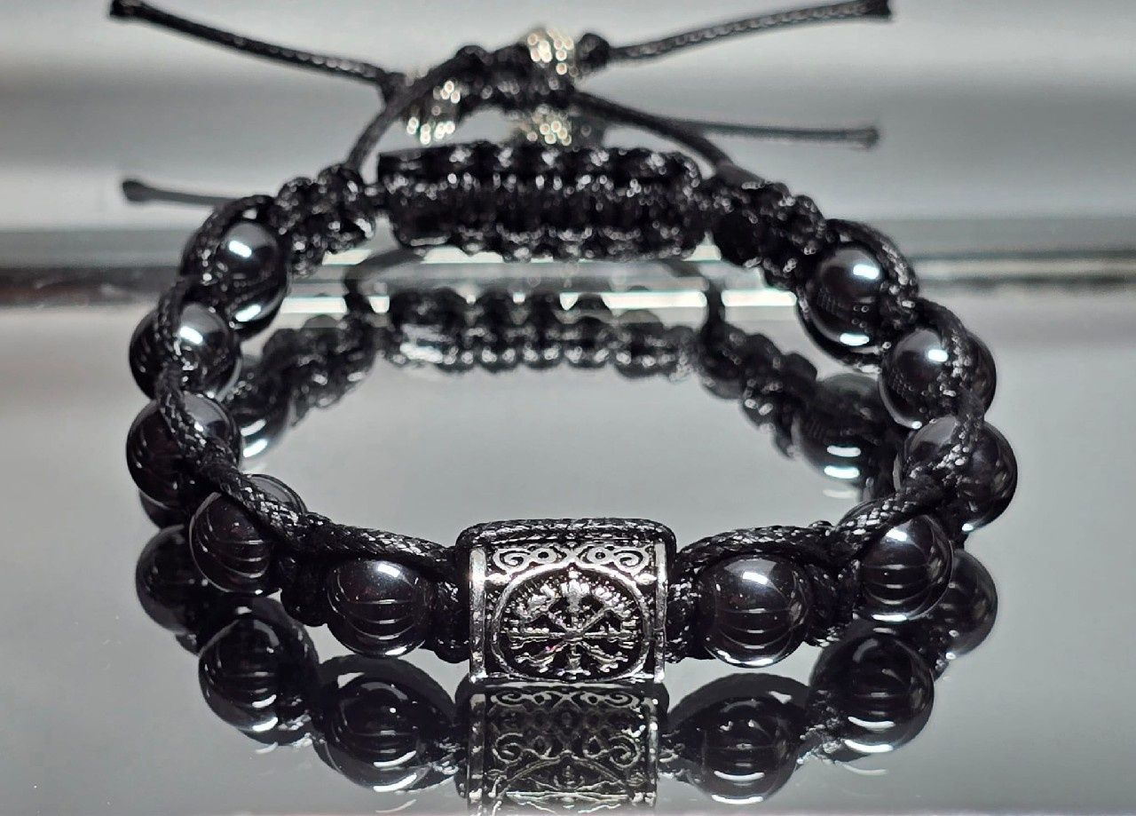 Bransoletka kamień 10 mm Hematyt runa Vegvisir Wikingów szer.nadg.17