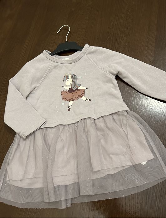 Bawełniana liliowa sukienka tiul jednorożec długi rękaw H&M r. 92