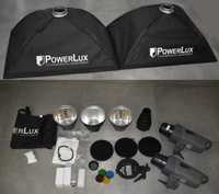 2x Powerlux Visico VE-200, modyfikatory, pilot, 2x softbox, 3x statyw