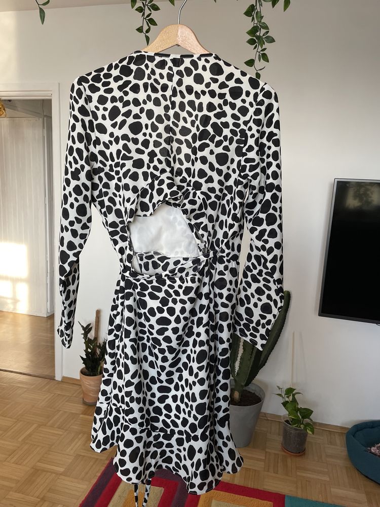 Sukienka mini czarno biała wiązana łaty plamy Asos 38 40 M L