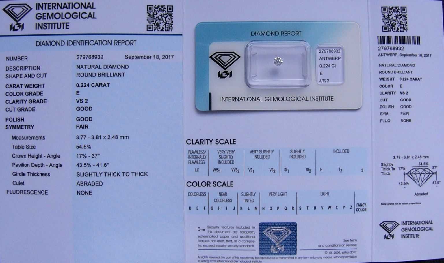 BRYLANT 0.224 ct VS2 E 3,81 mm Certyfikat IGI Diament