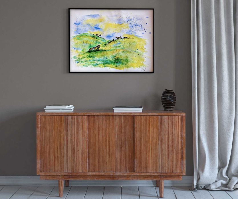 "KROWY" - obraz akwarelowy akwarela - wymiar 50x70cm - z ramą 64x94cm