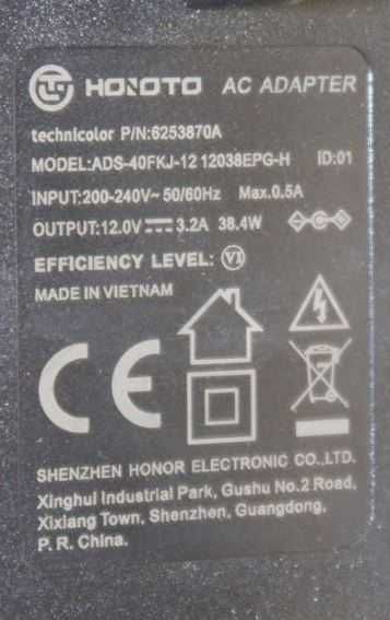 Zasilacz wtyczkowy HOIOTO 12V 3,2A 38W WTYK 5,5x2,5 mm syg. A22