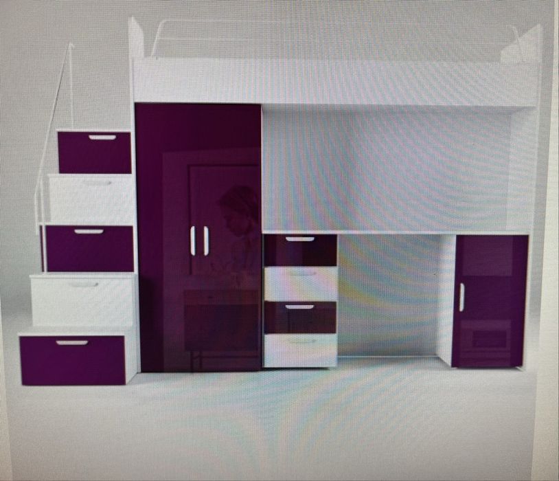 meble dziecięce, młodzieżowe, łóżko pietrowe biało-fioletowe