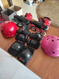 Patins em linha com capacete e proteção