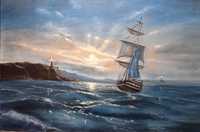 Рассвет, море, корабль картина маслом на холсте 40х60
