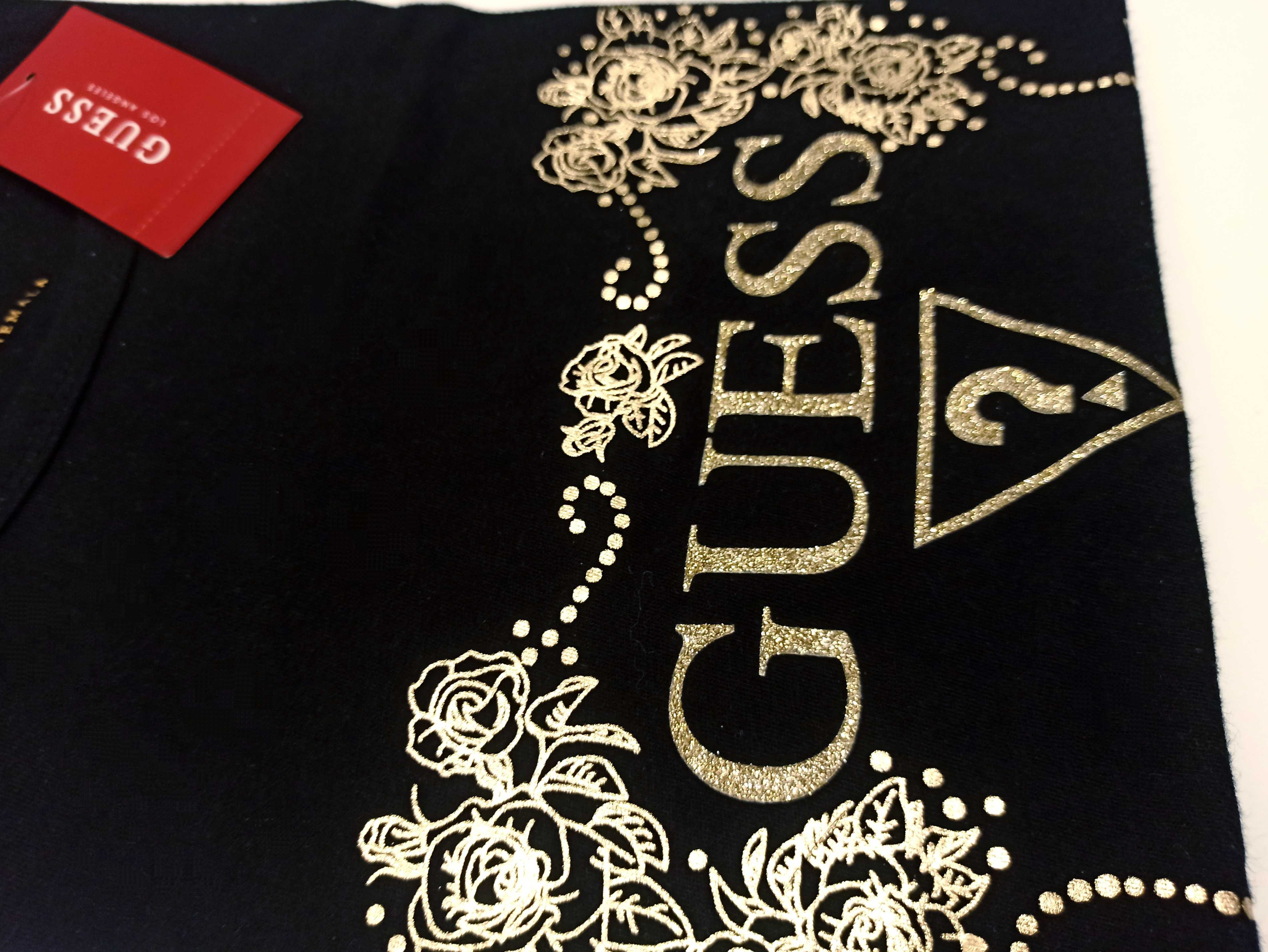 GUESS Oryginalny! T-Shirt Koszulka Bluzka Czarna Zlota Brokat