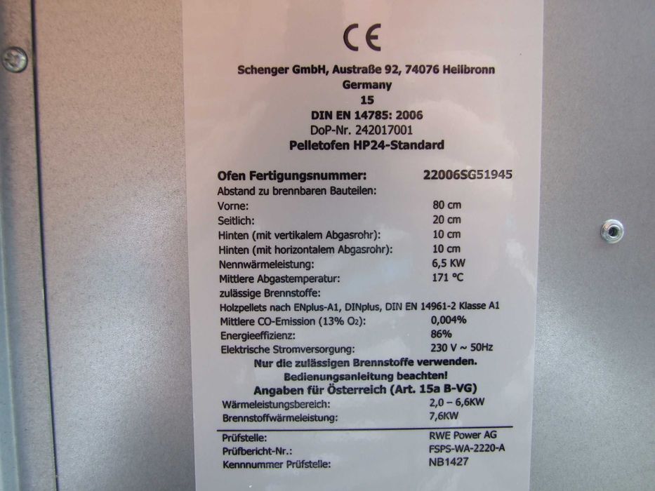 Piec piecyk kominek na pelet pellet 6,5 KW Schenger