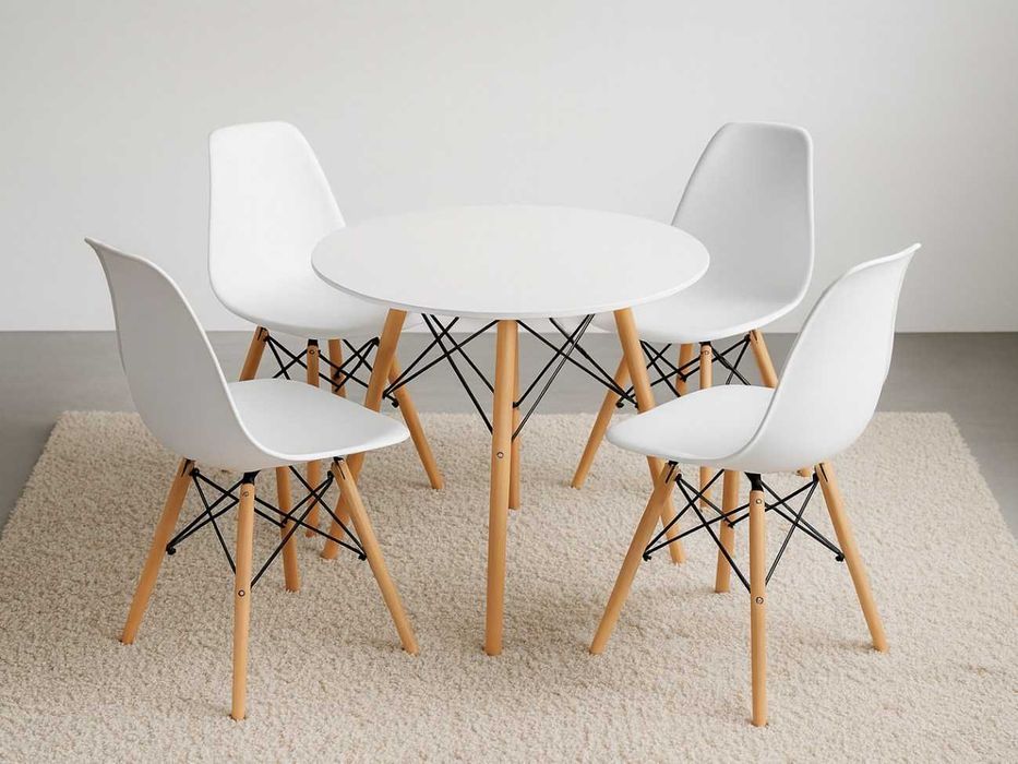 NOWY Biały Okrągły Stół 60 cm z Krzesłami Do Jadalni Kuchni Salonu FV