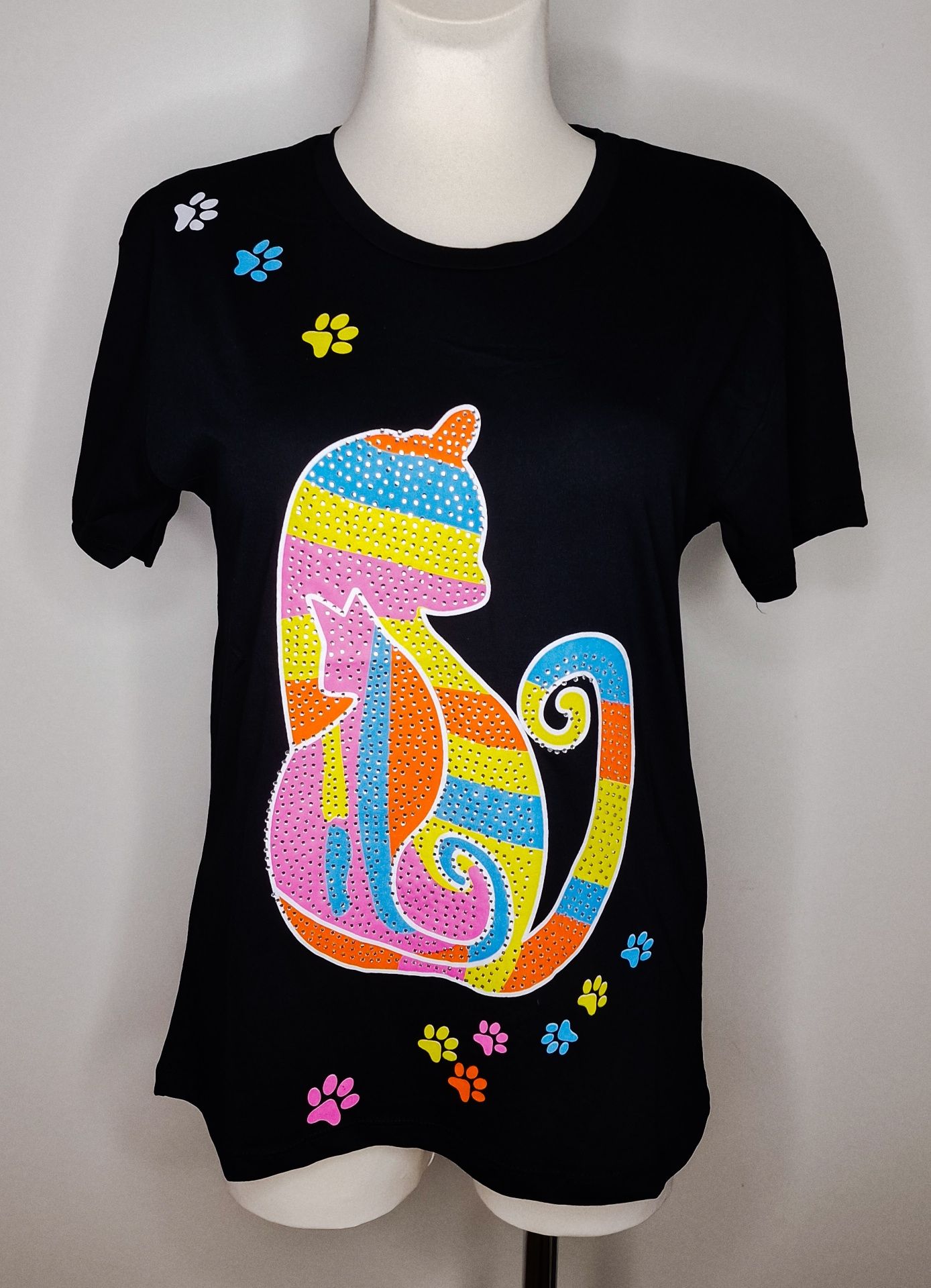 Bluzka tshirt czarna kot neon S nowa