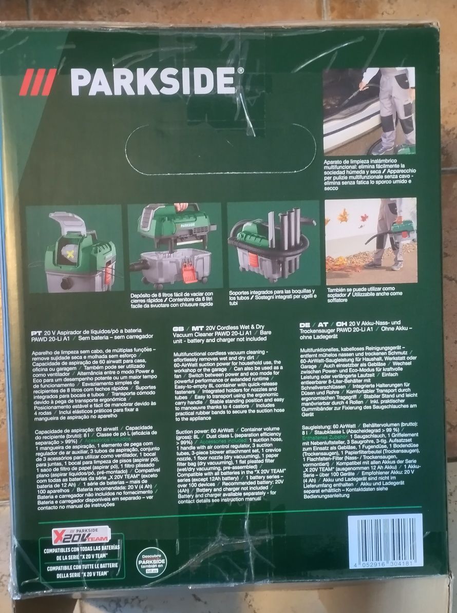 Aspirador líquidos/pó a bateria 20V Parkside novo