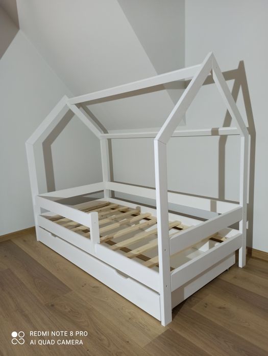 160x80 Łóżko domek białe z pojemną szufladą - 100% Drewno