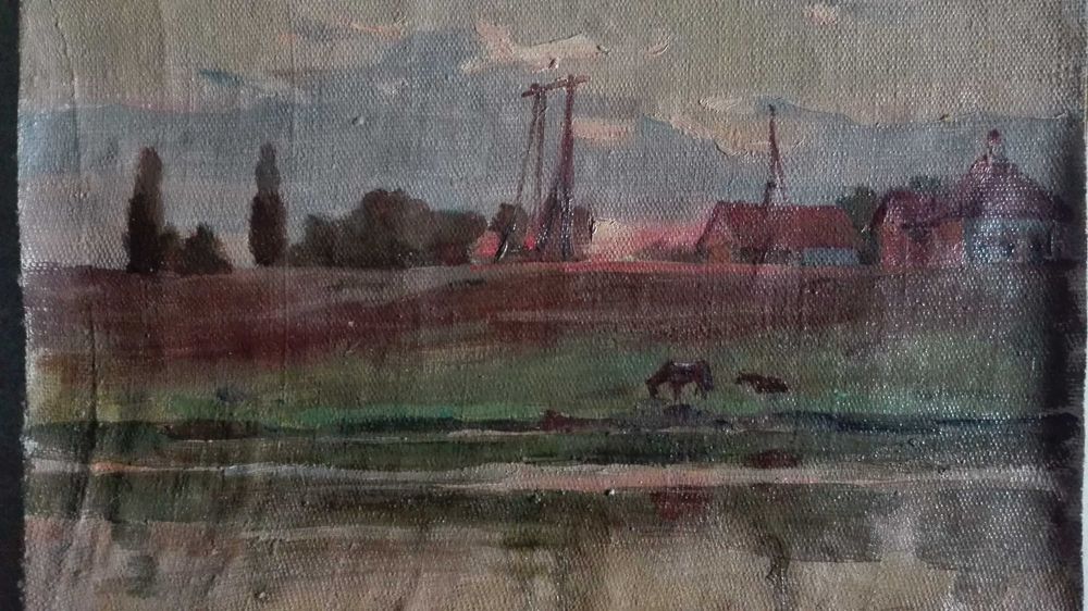 К.Трохименко (1885-1979р)  Вечоріє природа с лошадьми и домиками 1953г