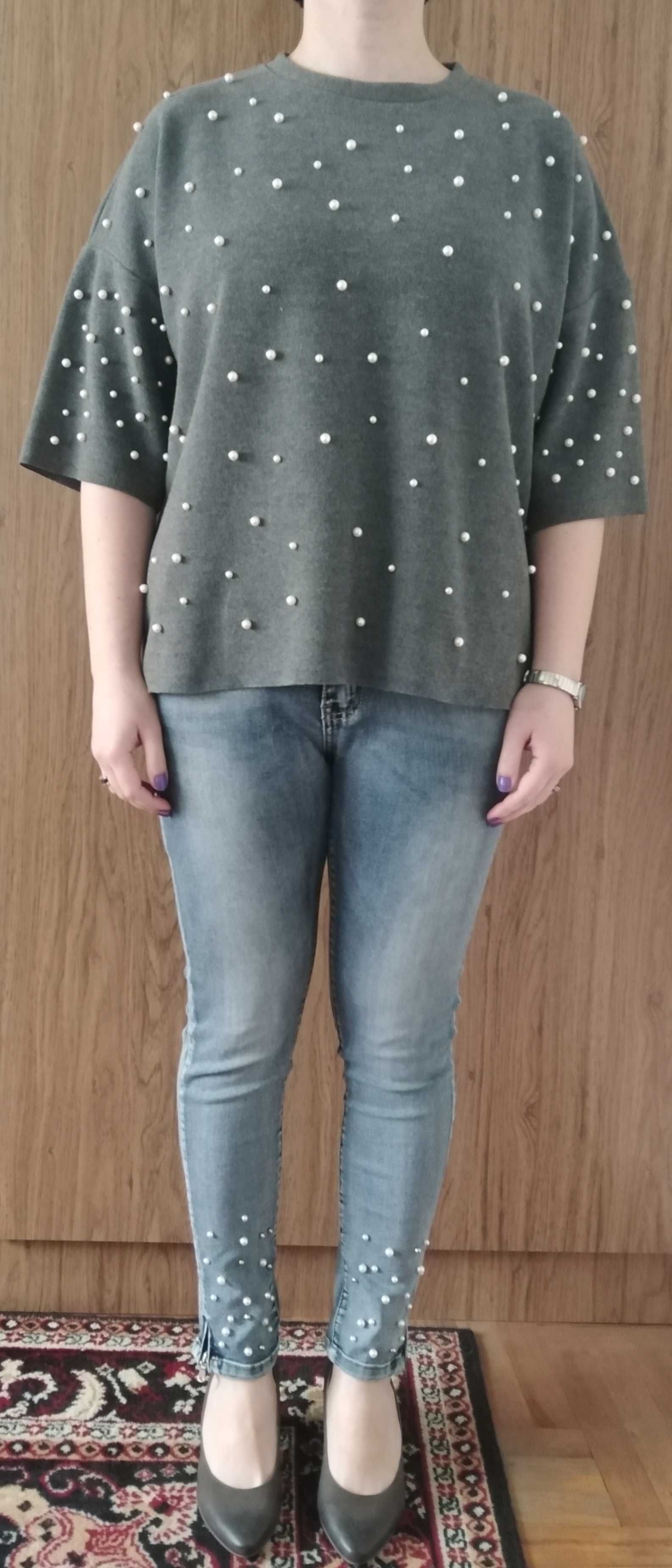 ZARA sweter sweterek oversize perełki perły szary 38 40 M L