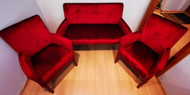 Sofa/kanapa/ława tapicerowana z krzesłami czerwone welurowe